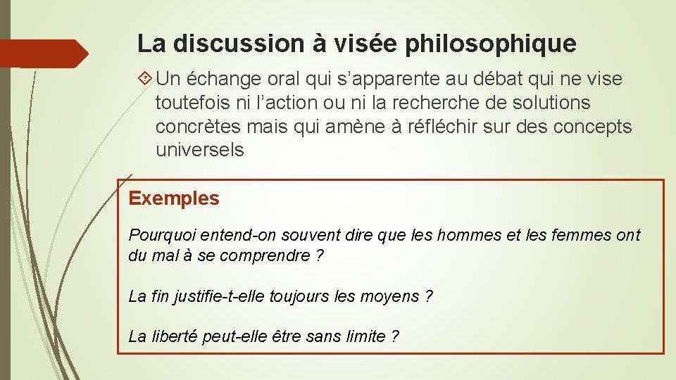 La discussion à visée philosophique Un échange oral qui s’apparente au débat qui ne