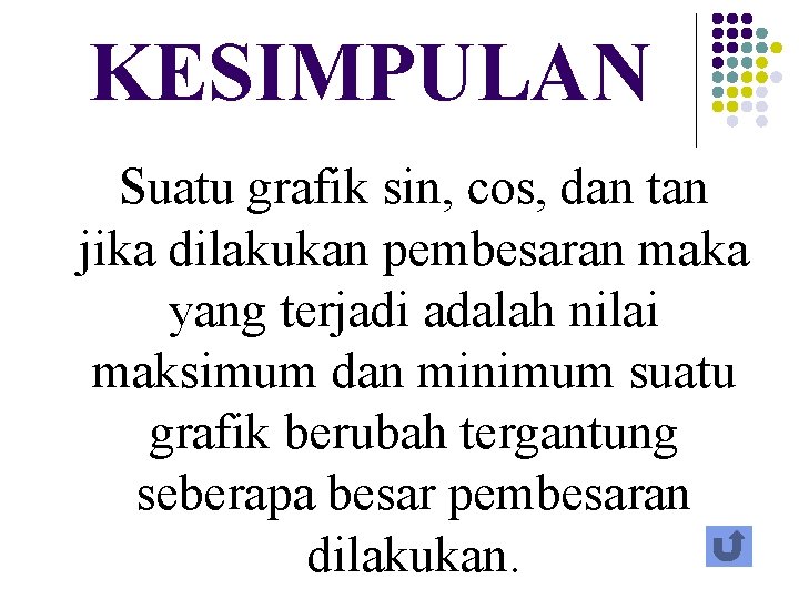 KESIMPULAN Suatu grafik sin, cos, dan tan jika dilakukan pembesaran maka yang terjadi adalah