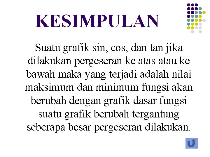 KESIMPULAN Suatu grafik sin, cos, dan tan jika dilakukan pergeseran ke atas atau ke