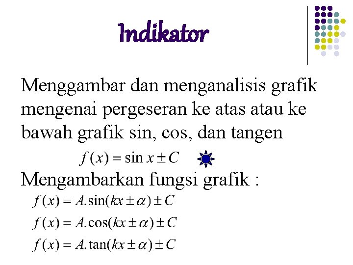 Indikator Menggambar dan menganalisis grafik mengenai pergeseran ke atas atau ke bawah grafik sin,