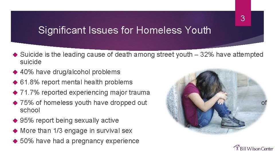 3 Significant Issues for Homeless Youth Suicide is the leading cause of death among