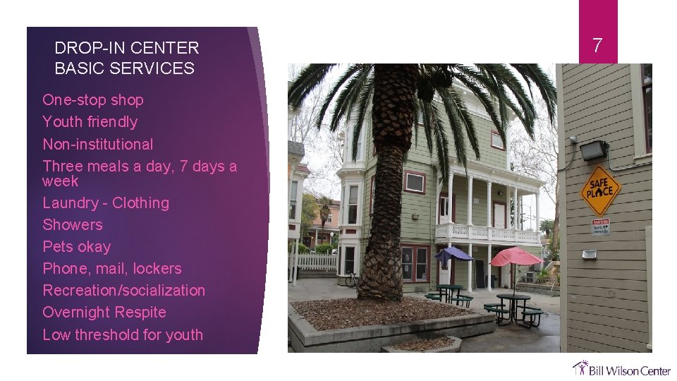 DROP-IN CENTER BASIC SERVICES One-stop shop Youth friendly Non-institutional Three meals a day, 7