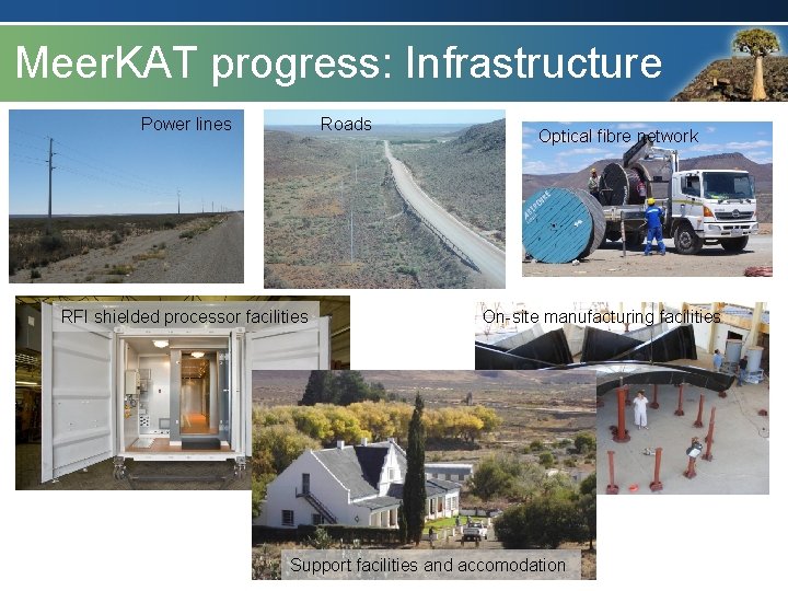 Radio Astronomy Meer. KAT progress: Reserve Infrastructure Power lines Roads RFI shielded processor facilities