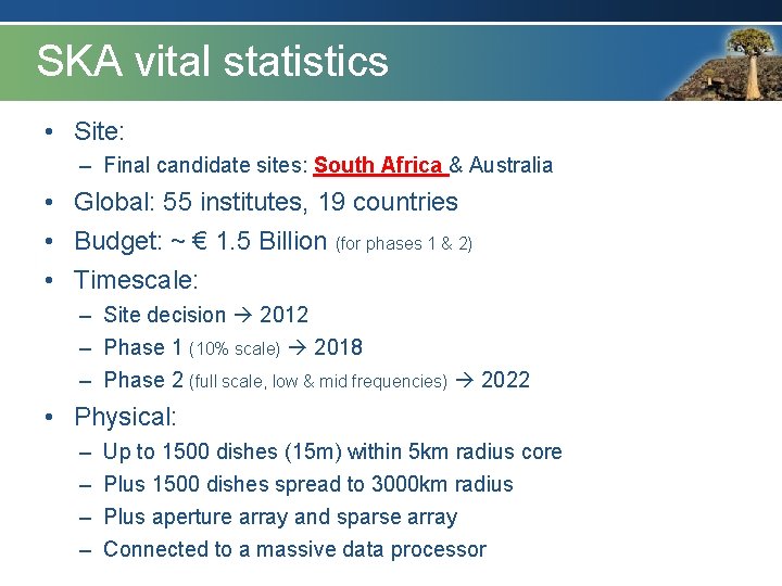 SKA vital statistics • Site: – Final candidate sites: South Africa & Australia •