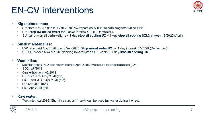 EN-CV interventions • Big maintenance: • • • SF: from Nov 2019 to mid