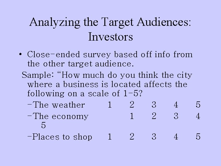 Analyzing the Target Audiences: Investors • Close-ended survey based off info from the other
