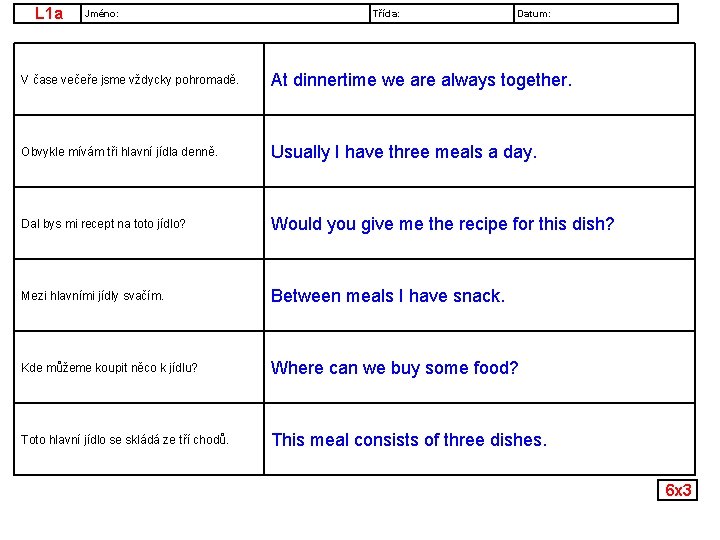 L 1 a Jméno: Třída: Datum: V čase večeře jsme vždycky pohromadě. At dinnertime