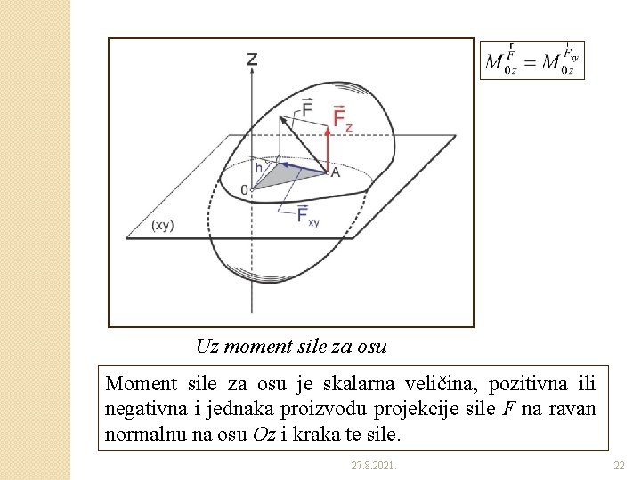 Uz moment sile za osu Moment sile za osu je skalarna veličina, pozitivna ili