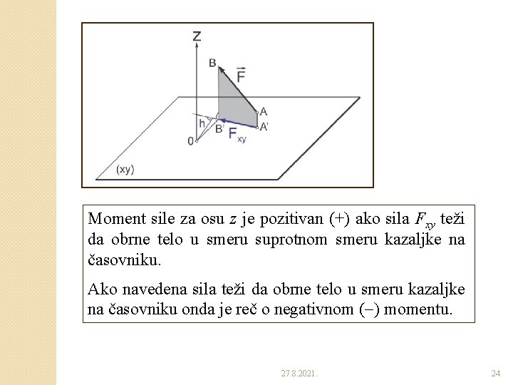 Moment sile za osu z je pozitivan (+) ako sila Fxy teži da obrne