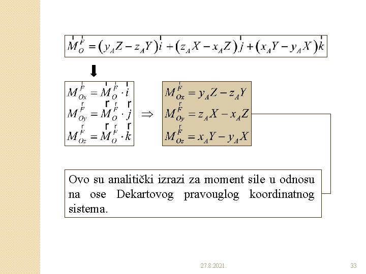 Ovo su analitički izrazi za moment sile u odnosu na ose Dekartovog pravouglog koordinatnog