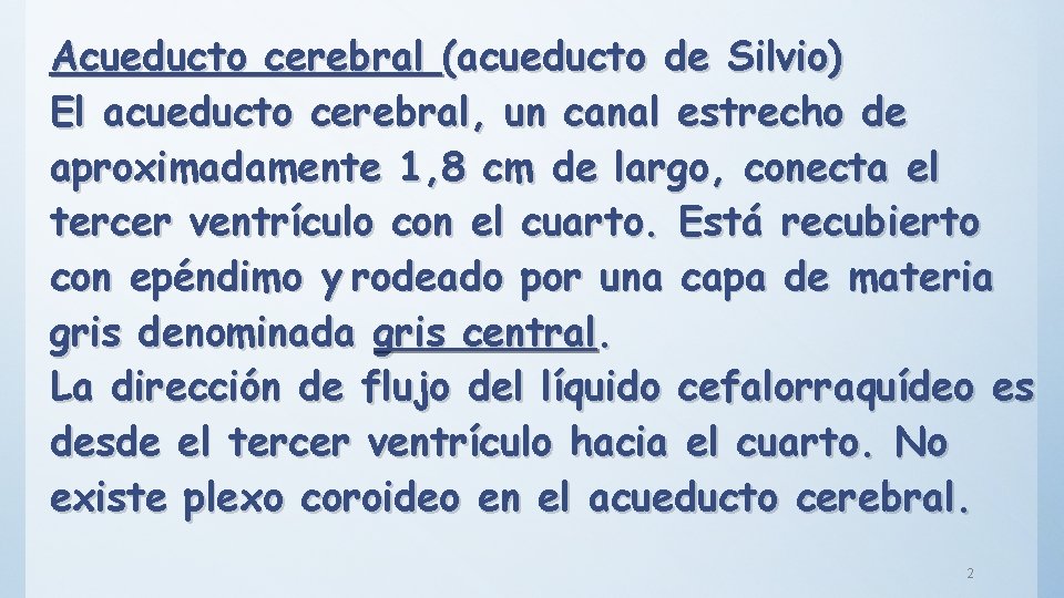 Acueducto cerebral (acueducto de Silvio) El acueducto cerebral, un canal estrecho de aproximadamente 1,