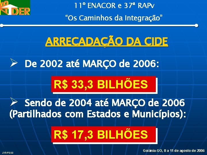11º ENACOR e 37ª RAPv “Os Caminhos da Integração” ARRECADAÇÃO DA CIDE Ø De