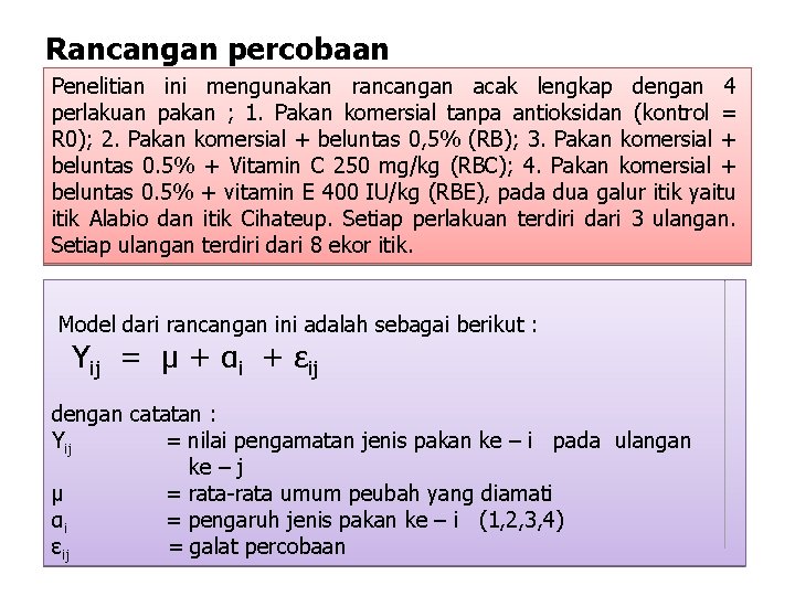 Rancangan percobaan Penelitian ini mengunakan rancangan acak lengkap dengan 4 perlakuan pakan ; 1.