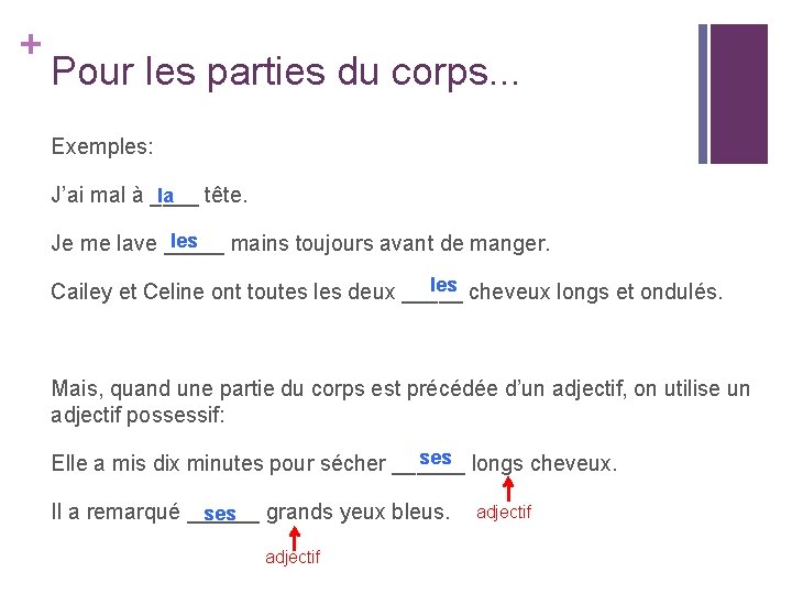 + Pour les parties du corps. . . Exemples: J’ai mal à ____ tête.