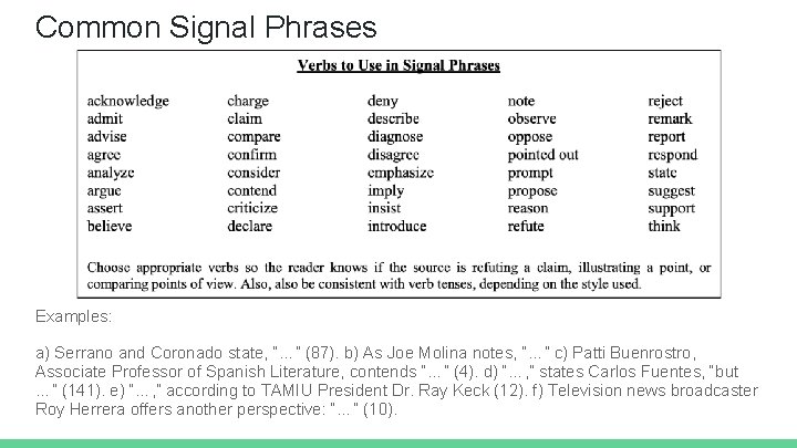 Common Signal Phrases Examples: a) Serrano and Coronado state, “…” (87). b) As Joe