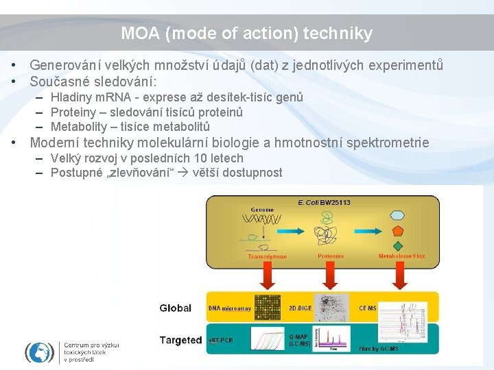 MOA (mode of action) techniky • Generování velkých množství údajů (dat) z jednotlivých experimentů