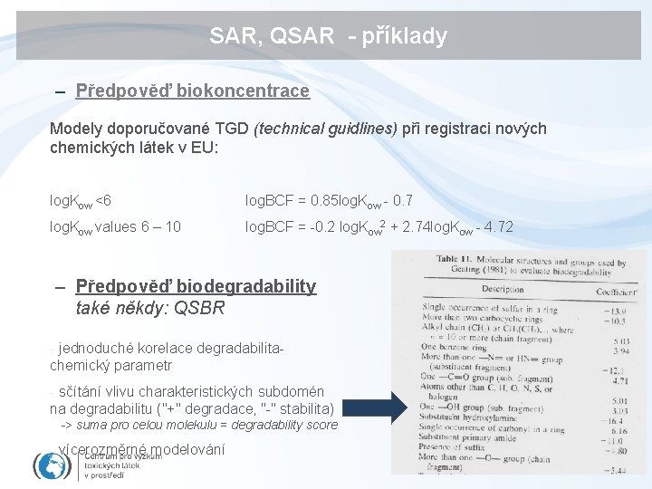 SAR, QSAR - příklady – Předpověď biokoncentrace Modely doporučované TGD (technical guidlines) při registraci