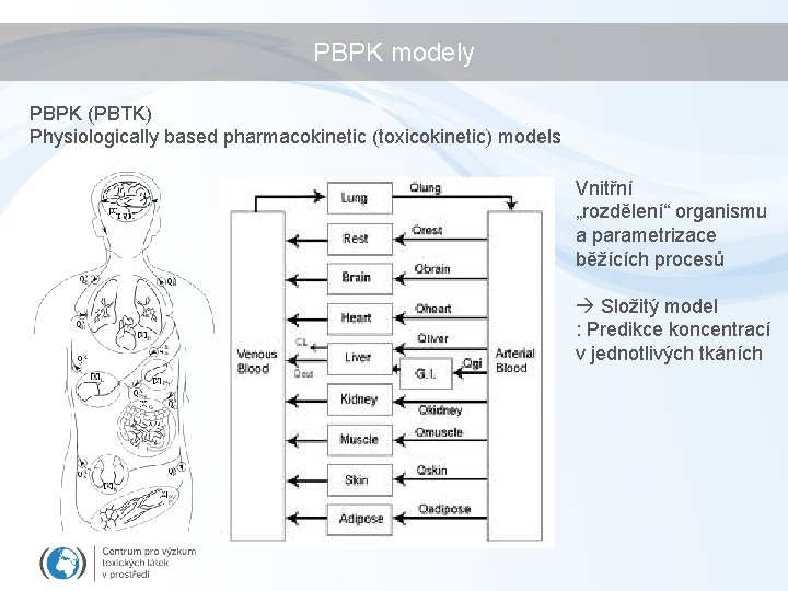 PBPK modely PBPK (PBTK) Physiologically based pharmacokinetic (toxicokinetic) models Vnitřní „rozdělení“ organismu a parametrizace