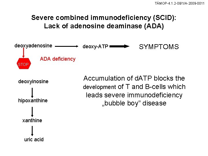 TÁMOP-4. 1. 2 -08/1/A-2009 -0011 Severe combined immunodeficiency (SCID): Lack of adenosine deaminase (ADA)
