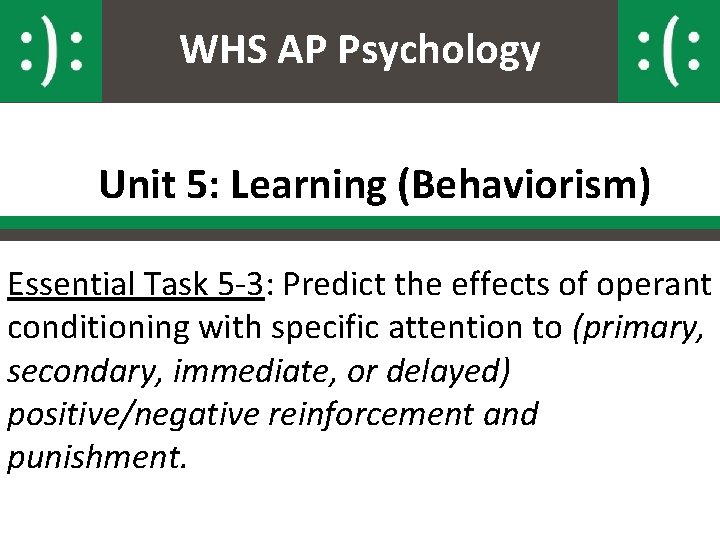 WHS AP Psychology Unit 5: Learning (Behaviorism) Essential Task 5 -3: Predict the effects