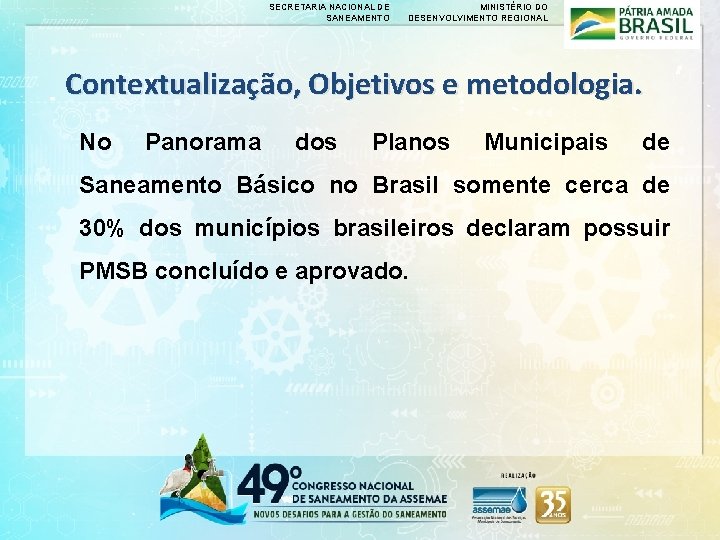 SECRETARIA NACIONAL DE SANEAMENTO MINISTÉRIO DO DESENVOLVIMENTO REGIONAL Contextualização, Objetivos e metodologia. No Panorama