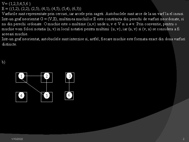 V= {1, 2, 3, 4, 5, 6 } E = {(1, 2), (2, 5),