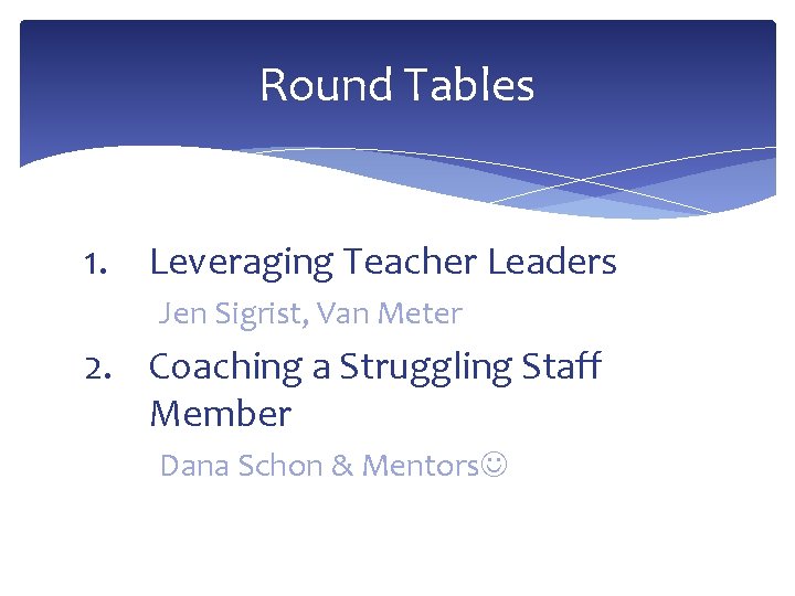 Round Tables 1. Leveraging Teacher Leaders Jen Sigrist, Van Meter 2. Coaching a Struggling