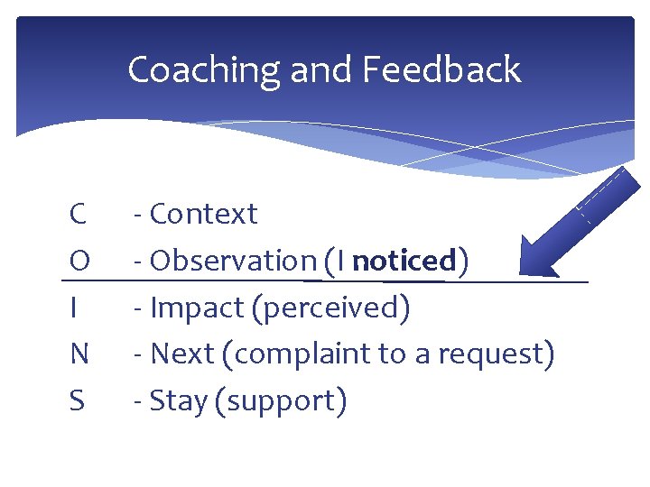 Coaching and Feedback C O I N S - Context - Observation (I noticed)