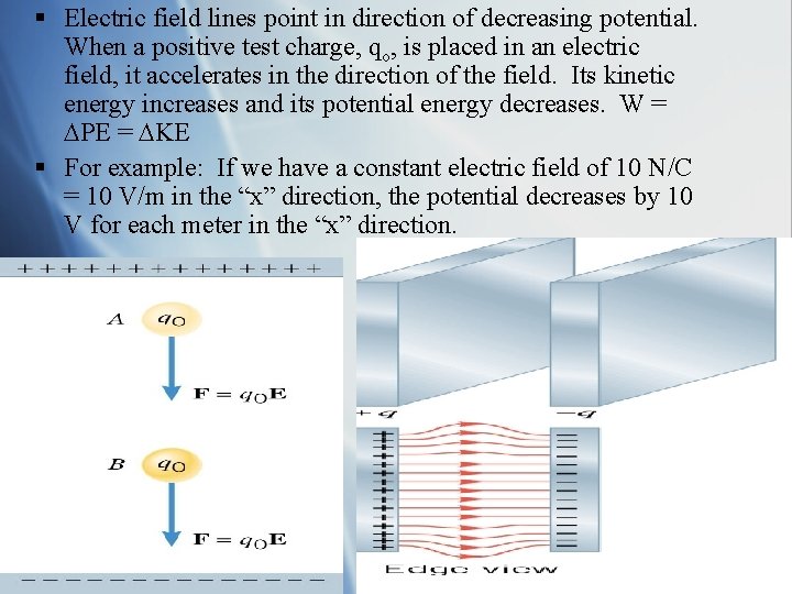 § Electric field lines point in direction of decreasing potential. When a positive test