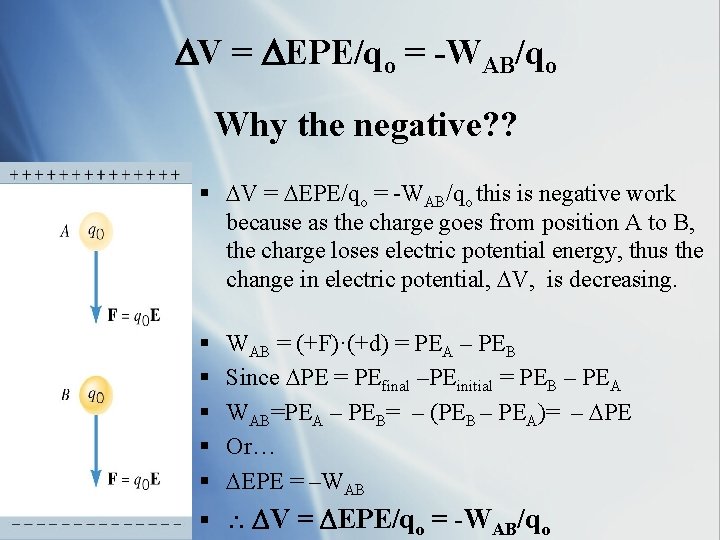  V = EPE/qo = -WAB/qo Why the negative? ? § V = EPE/qo