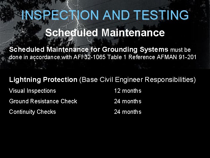 INSPECTION AND TESTING Scheduled Maintenance for Grounding Systems must be done in accordance with INSPECTION AND TESTING Scheduled Maintenance for Grounding Systems must be done in accordance with