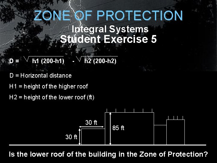 ZONE OF PROTECTION Integral Systems Student Exercise 5 D= h 1 (200 -h 1) ZONE OF PROTECTION Integral Systems Student Exercise 5 D= h 1 (200 -h 1)