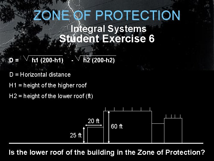 ZONE OF PROTECTION Integral Systems Student Exercise 6 D= h 1 (200 -h 1) ZONE OF PROTECTION Integral Systems Student Exercise 6 D= h 1 (200 -h 1)