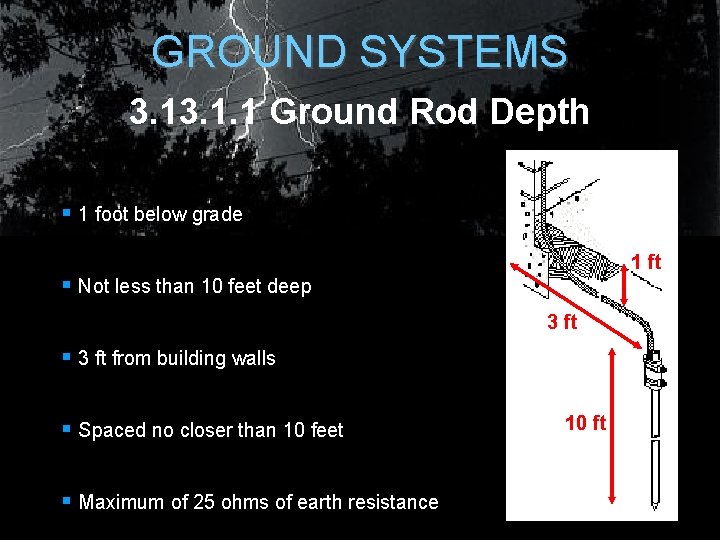 GROUND SYSTEMS 3. 1. 1 Ground Rod Depth § 1 foot below grade 1 GROUND SYSTEMS 3. 1. 1 Ground Rod Depth § 1 foot below grade 1