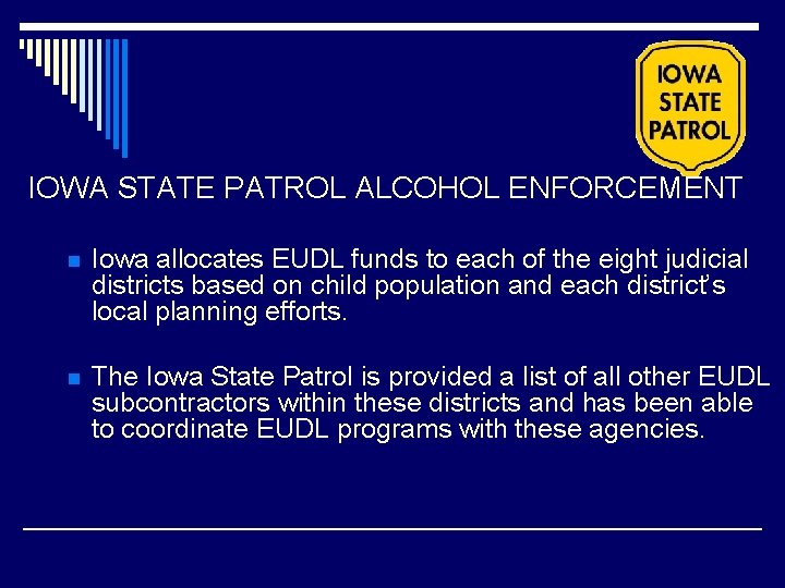 IOWA STATE PATROL ALCOHOL ENFORCEMENT n Iowa allocates EUDL funds to each of the IOWA STATE PATROL ALCOHOL ENFORCEMENT n Iowa allocates EUDL funds to each of the