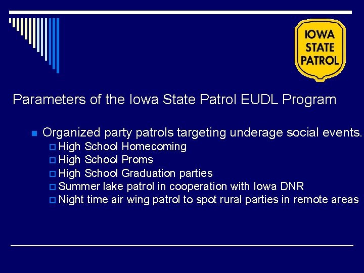Parameters of the Iowa State Patrol EUDL Program n Organized party patrols targeting underage Parameters of the Iowa State Patrol EUDL Program n Organized party patrols targeting underage
