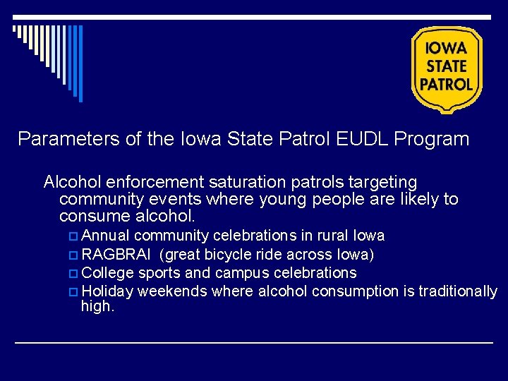 Parameters of the Iowa State Patrol EUDL Program Alcohol enforcement saturation patrols targeting community Parameters of the Iowa State Patrol EUDL Program Alcohol enforcement saturation patrols targeting community