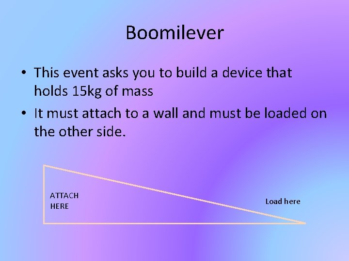 Boomilever • This event asks you to build a device that holds 15 kg Boomilever • This event asks you to build a device that holds 15 kg