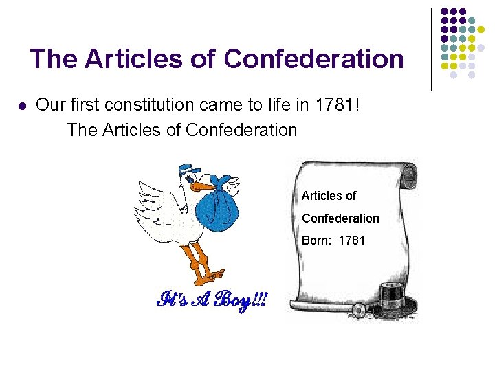 The Articles of Confederation l Our first constitution came to life in 1781! The