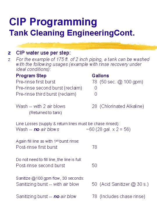 CIP Programming Tank Cleaning Engineering. Cont. z CIP water use per step: z For