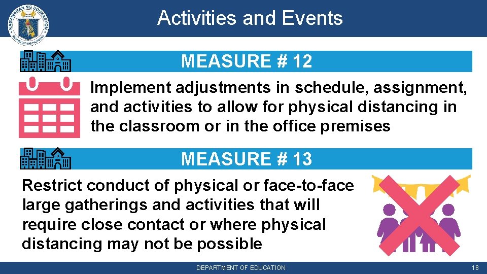 Activities and Events MEASURE # 12 Implement adjustments in schedule, assignment, and activities to