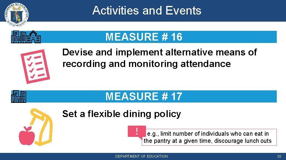 Activities and Events MEASURE # 16 Devise and implement alternative means of recording and