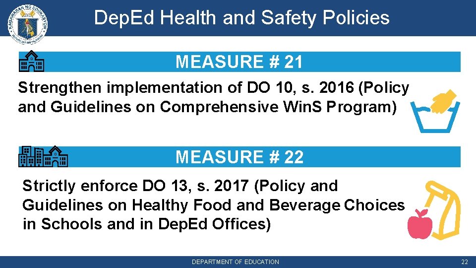 Dep. Ed Health and Safety Policies MEASURE # 21 Strengthen implementation of DO 10,