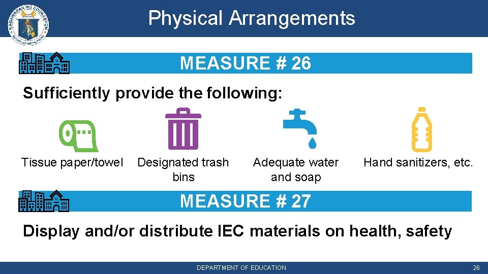 Physical Arrangements MEASURE # 26 Sufficiently provide the following: Tissue paper/towel Designated trash bins