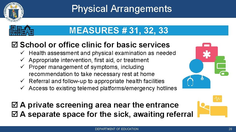 Physical Arrangements MEASURES # 31, 32, 33 School or office clinic for basic services