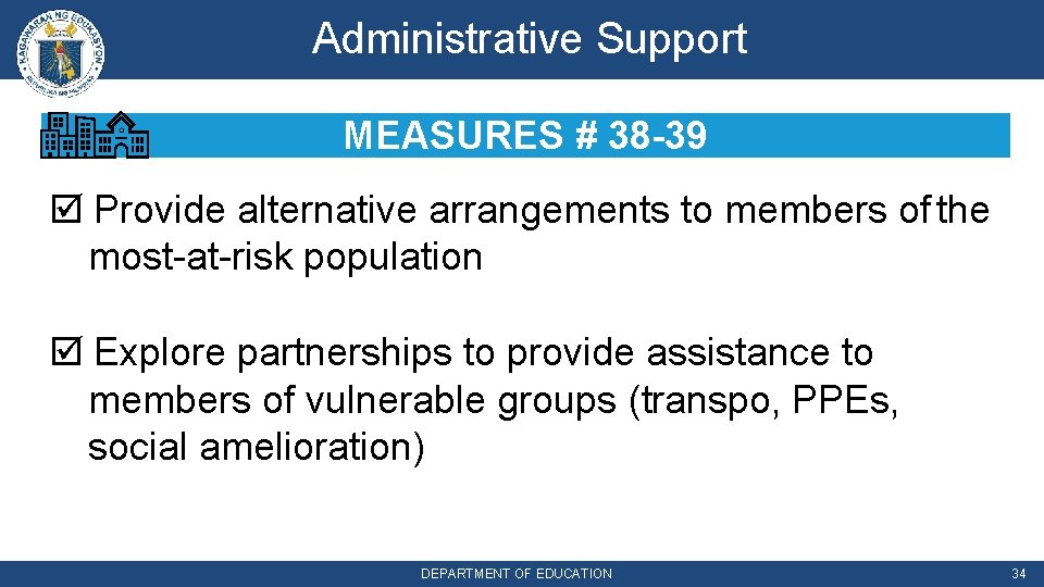 Administrative Support MEASURES # 38 -39 Provide alternative arrangements to members of the most-at-risk
