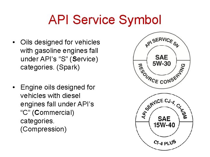 API Service Symbol • Oils designed for vehicles with gasoline engines fall under API’s API Service Symbol • Oils designed for vehicles with gasoline engines fall under API’s