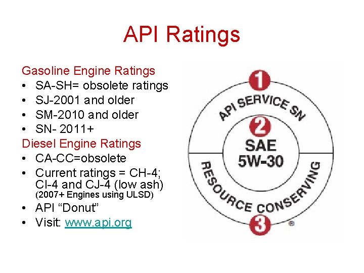 API Ratings Gasoline Engine Ratings • SA-SH= obsolete ratings • SJ-2001 and older • API Ratings Gasoline Engine Ratings • SA-SH= obsolete ratings • SJ-2001 and older •