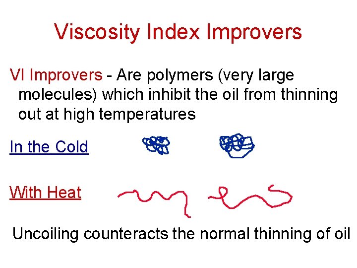 Viscosity Index Improvers VI Improvers - Are polymers (very large molecules) which inhibit the Viscosity Index Improvers VI Improvers - Are polymers (very large molecules) which inhibit the