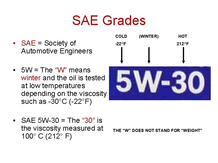 SAE Grades COLD • SAE = Society of Automotive Engineers -22 OF (WINTER) HOT SAE Grades COLD • SAE = Society of Automotive Engineers -22 OF (WINTER) HOT